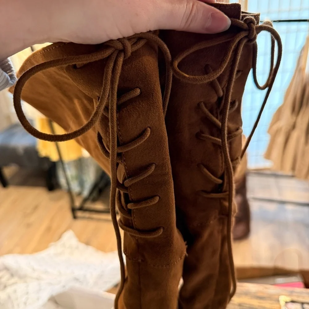 Francescas Over The Knee Brown Suede Heeled Boots